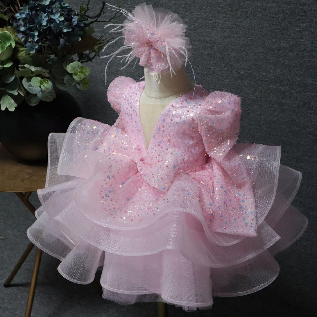 Baby Long Sleeve Sequin Tulle Dress with Large Bow | KLFFLGID