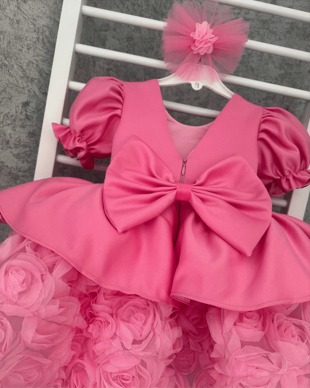 Kids Satin Puff Sleeve Dress 3D Rose Tulle Skirt Birthday Party Wedding Pageant | KLFFLGID