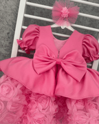 Kids Satin Puff Sleeve Dress 3D Rose Tulle Skirt Birthday Party Wedding Pageant | KLFFLGID