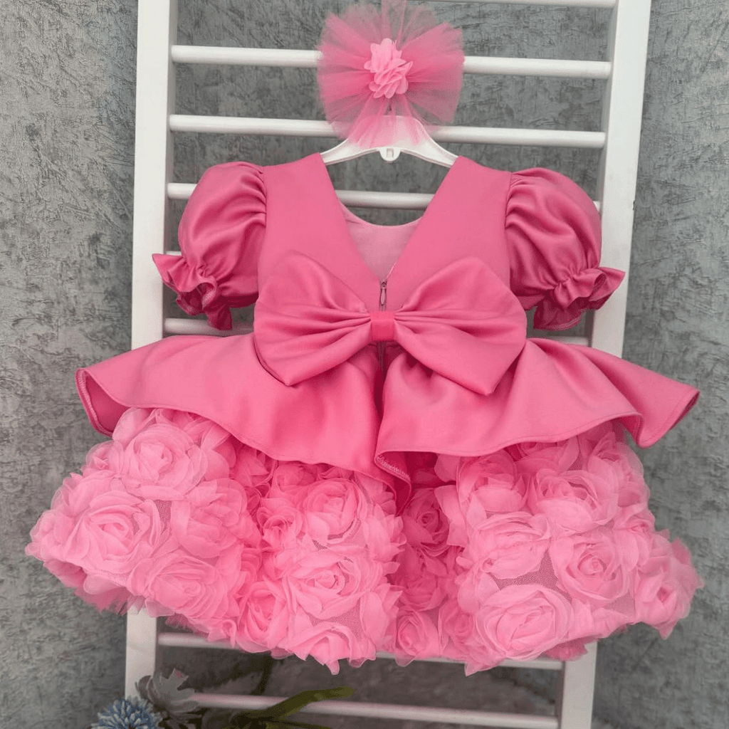 Kids Satin Puff Sleeve Dress 3D Rose Tulle Skirt Birthday Party Wedding Pageant | KLFFLGID