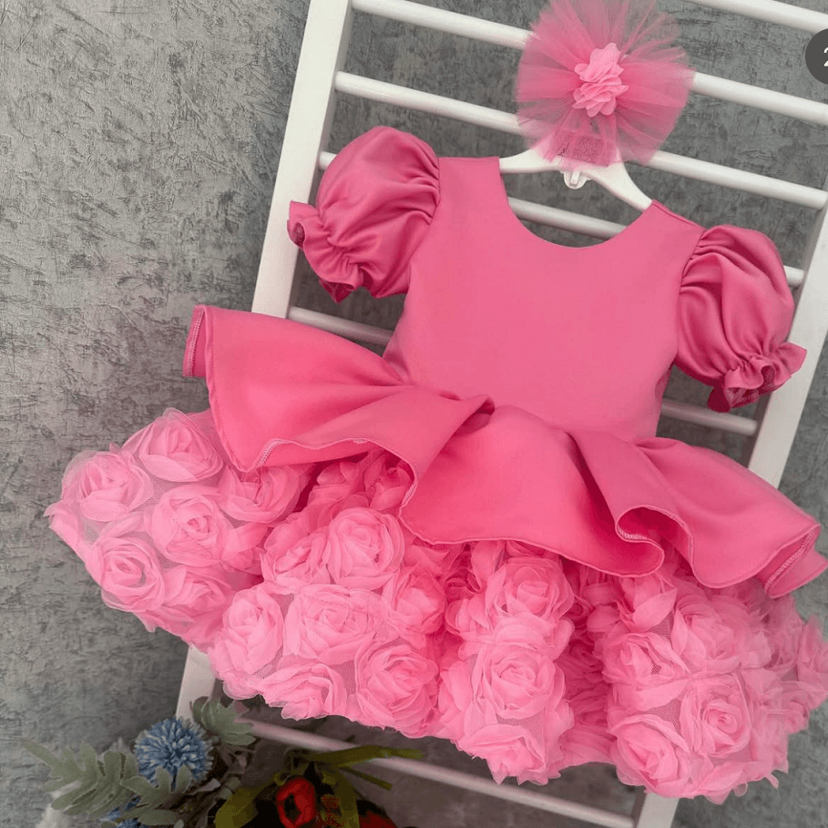Kids Satin Puff Sleeve Dress 3D Rose Tulle Skirt Birthday Party Wedding Pageant | KLFFLGID