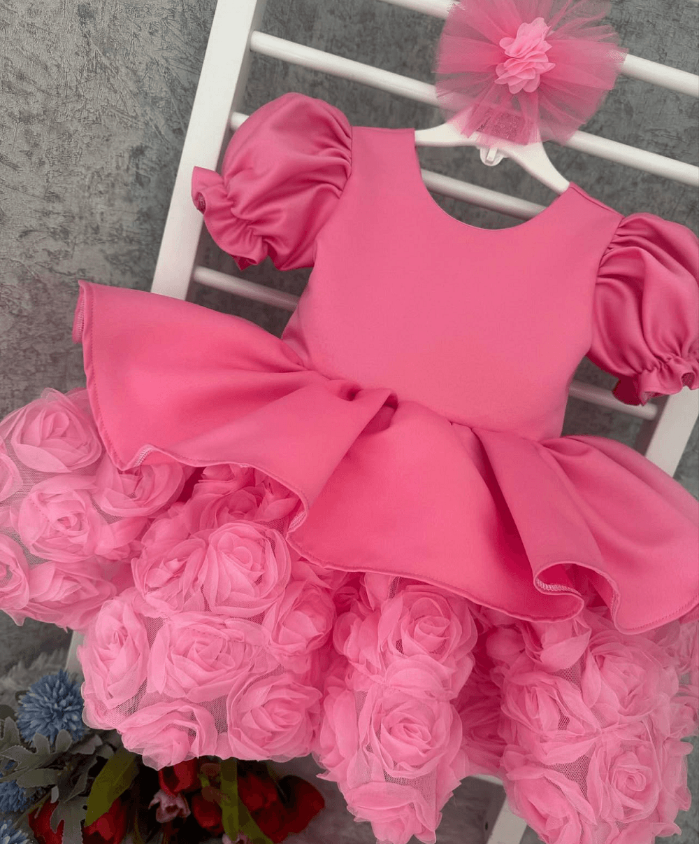 Kids Satin Puff Sleeve Dress 3D Rose Tulle Skirt Birthday Party Wedding Pageant | KLFFLGID