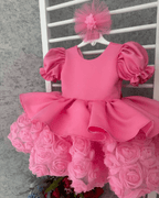 Kids Satin Puff Sleeve Dress 3D Rose Tulle Skirt Birthday Party Wedding Pageant | KLFFLGID