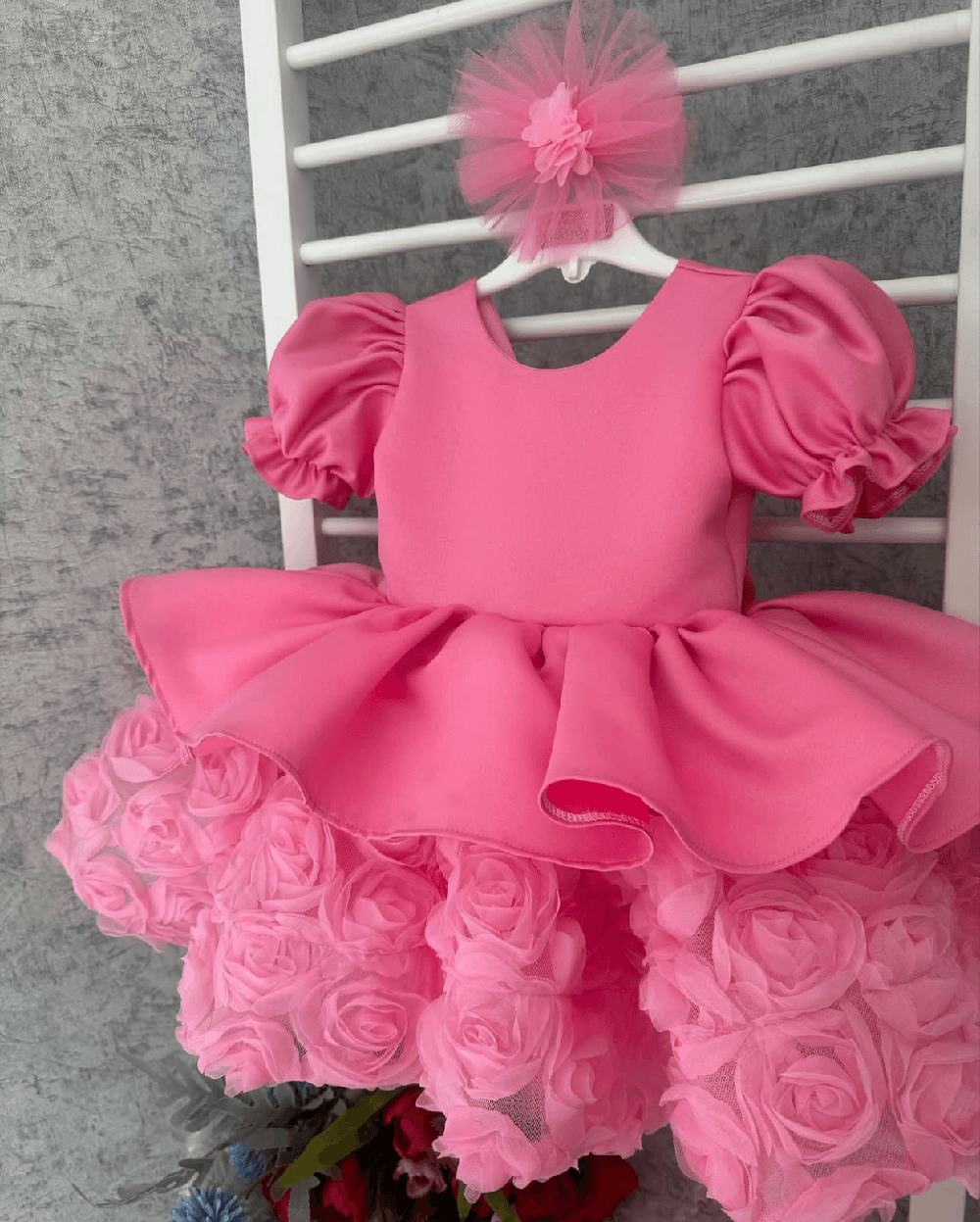 Kids Satin Puff Sleeve Dress 3D Rose Tulle Skirt Birthday Party Wedding Pageant | KLFFLGID
