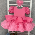 Kids Satin Puff Sleeve Dress 3D Rose Tulle Skirt Birthday Party Wedding Pageant | KLFFLGID