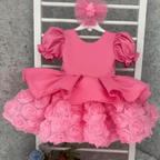 Kids Satin Puff Sleeve Dress 3D Rose Tulle Skirt Birthday Party Wedding Pageant | KLFFLGID
