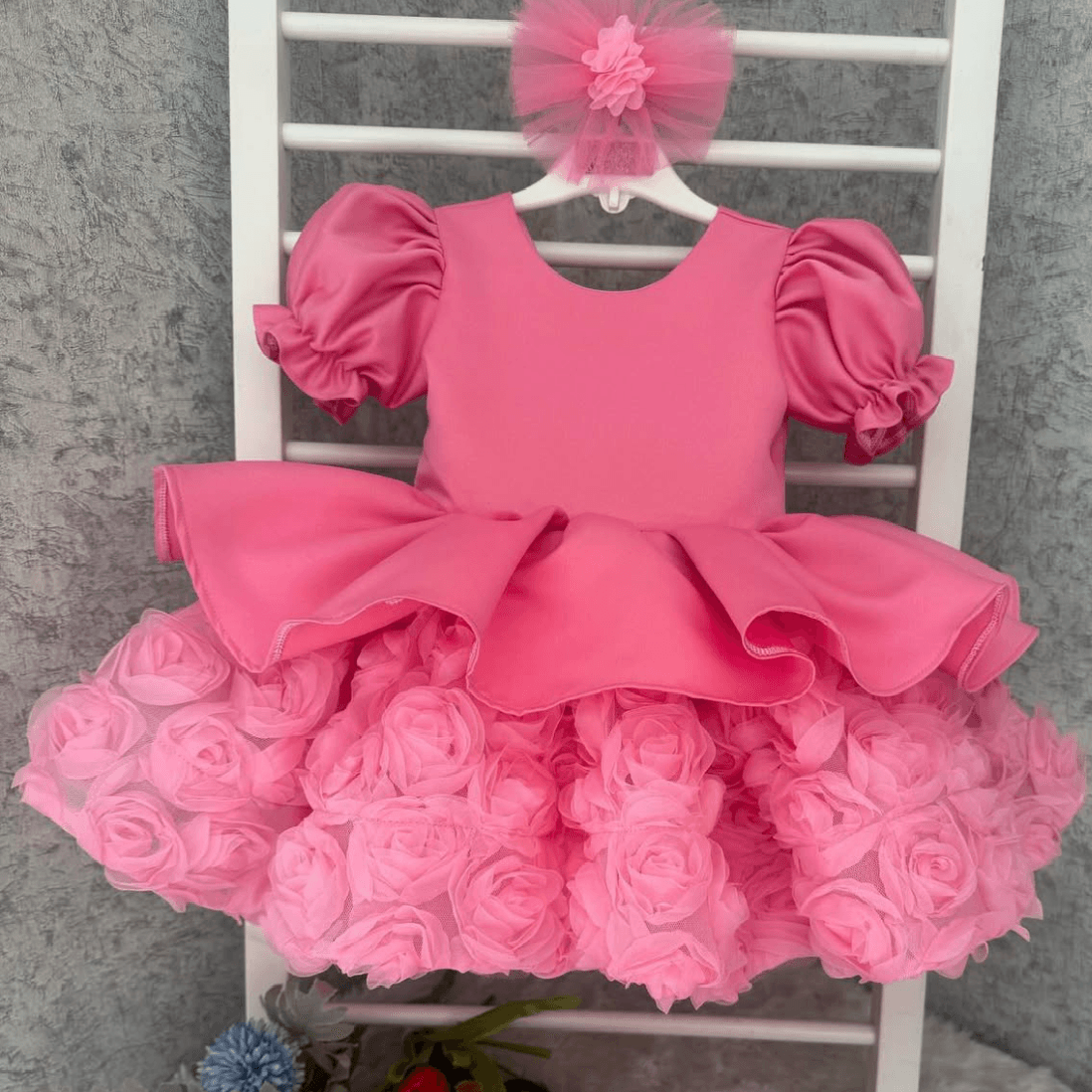 Kids Satin Puff Sleeve Dress 3D Rose Tulle Skirt Birthday Party Wedding Pageant | KLFFLGID