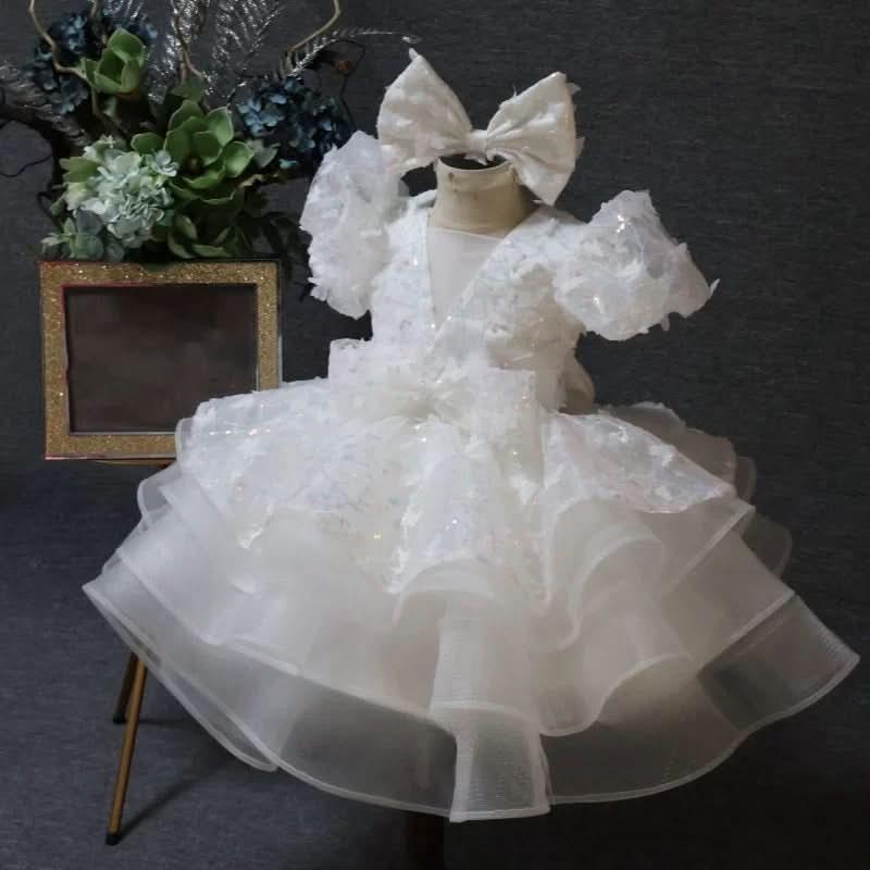 Baby Girl Puff Sleeve Sequin Lace Tulle Dress Birthday Party Wedding Princess | KLFFLGID
