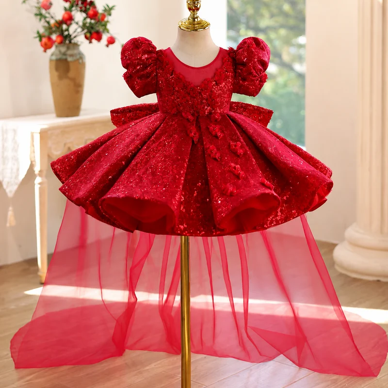 Elegant Girls Red Satin Party Dress with Sparkling Details｜KLFFLGID
