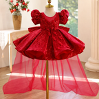 Elegant Girls Red Satin Party Dress with Sparkling Details｜KLFFLGID