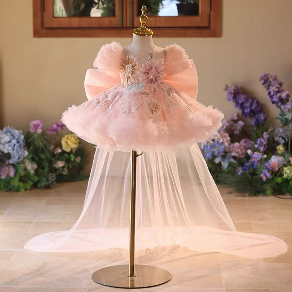Pink Party Dress Girls Baby Birthday Dress Elegant Tulle Train Skirt｜KLFFIGID