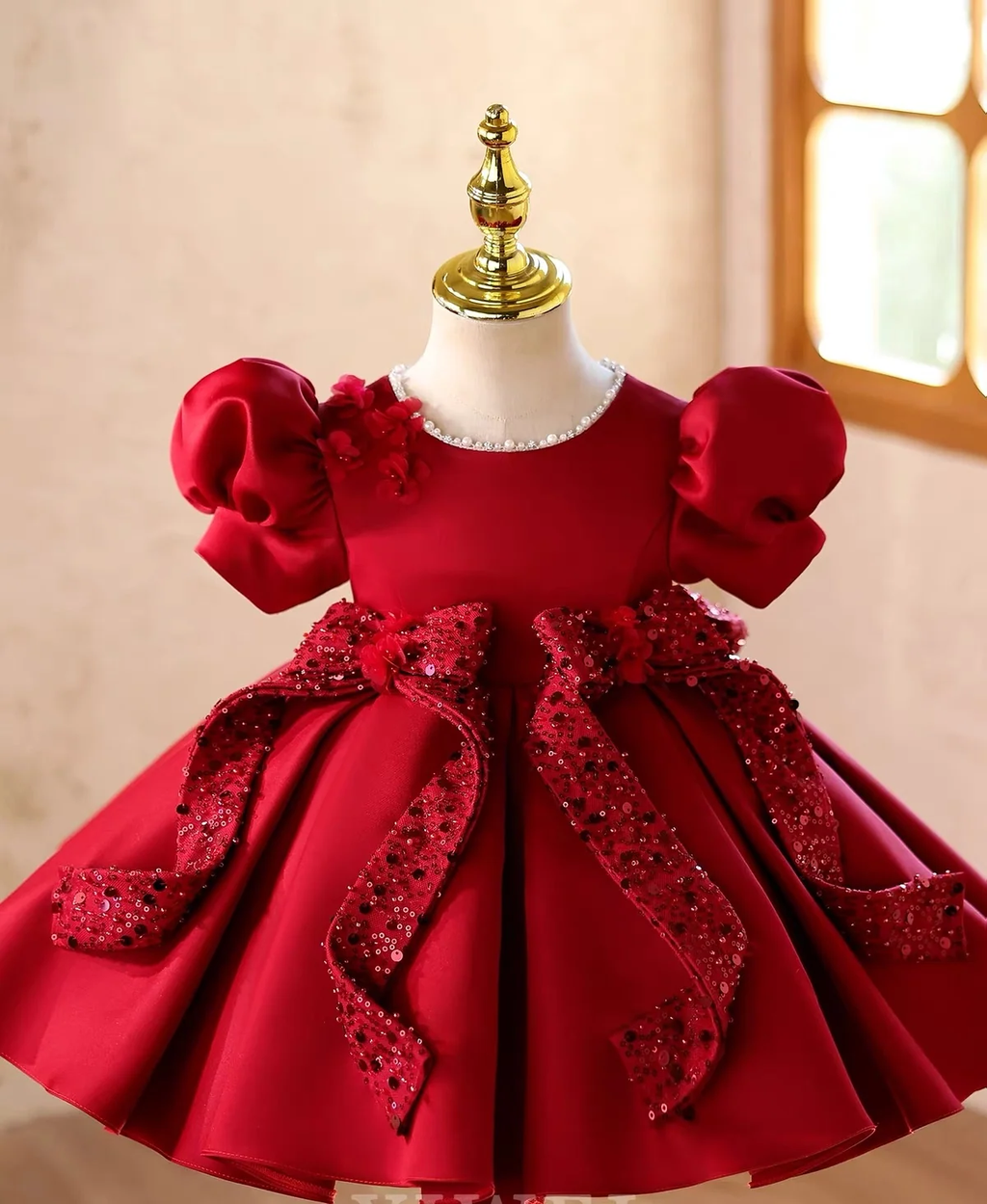 Girls Burgundy Satin Princess Dress with Sequin Bow｜KLFFLGID