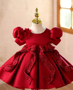 Girls Burgundy Satin Princess Dress with Sequin Bow｜KLFFLGID