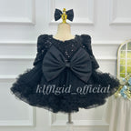 Black girls princess dress with large satin back bow and layered tulle skirt back view