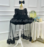 Black sequin princess dress for girls with layered tulle skirt and floral sheer panels front view
