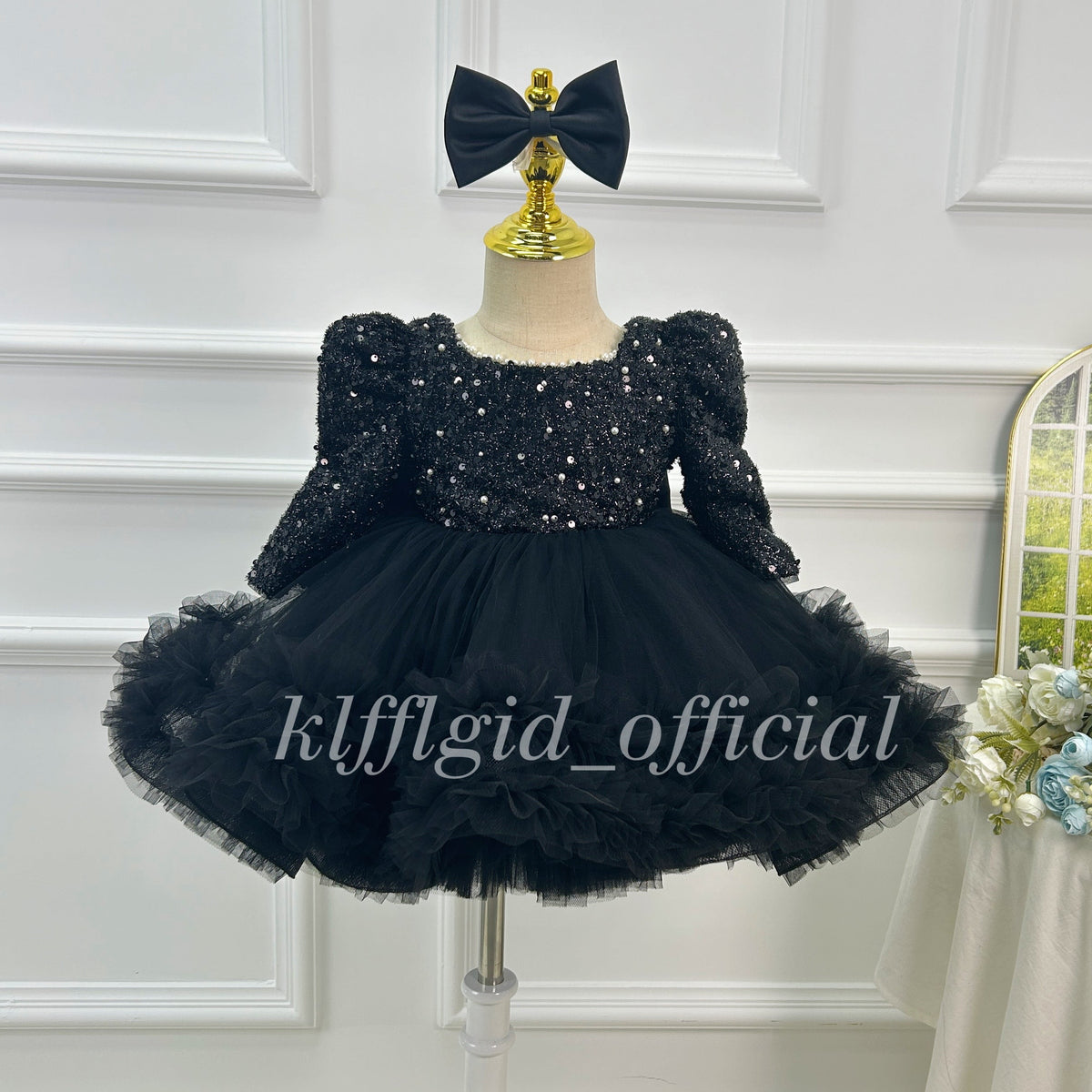 Black sequin princess dress for girls with full ruffled tulle skirt front view