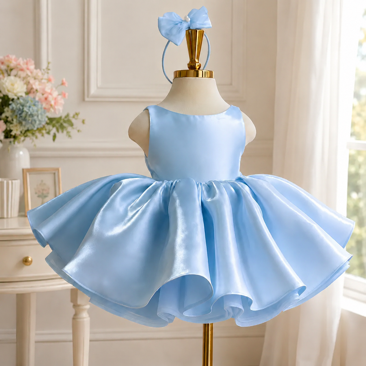 Light blue satin princess dress for girls with a sleeveless bodice and a full glossy flared skirt, front view.