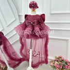 Burgundy butterfly-themed party dress for girls with sparkling sequin fabric, puffed shoulder accents, a decorative bow, a voluminous pink-burgundy skirt, and long sheer trailing panels.