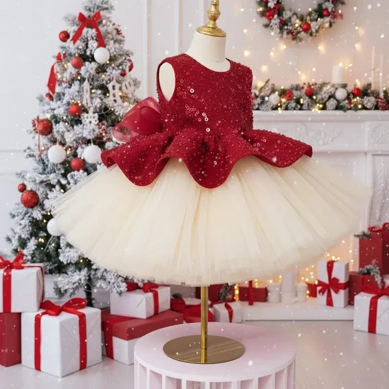Burgundy red sequin princess dress with ivory tulle skirt and wavy peplum waist styled for Christmas