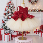 Burgundy red sequin princess dress with ivory tulle skirt and wavy peplum waist styled for Christmas
