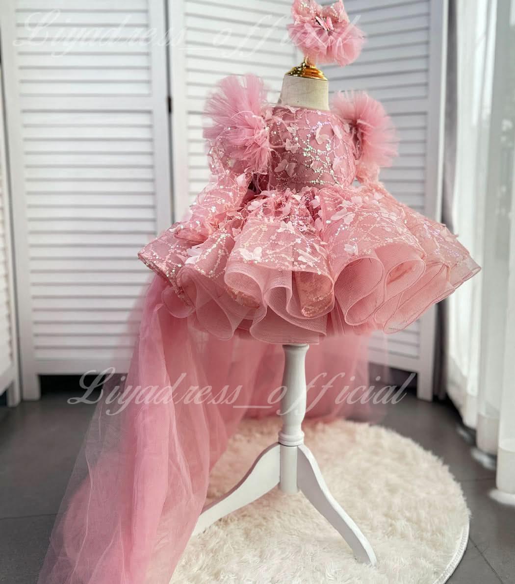 Girls Sleeveless Feather Butterfly Tail Birthday Evening Dress | KLFFIGID