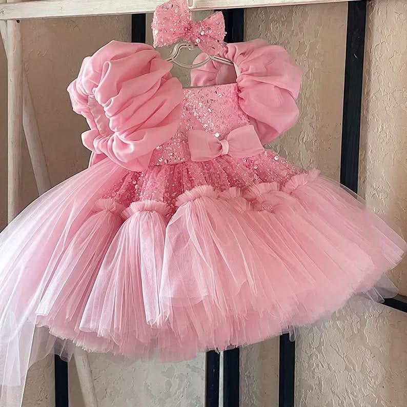 Puff Sleeve Mesh Baby 1st Birthday Party Evening Dress | KLFFIGID