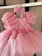 Puff Sleeve Mesh Baby 1st Birthday Party Evening Dress | KLFFIGID