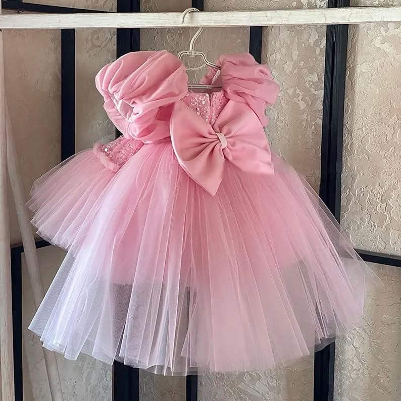 Puff Sleeve Mesh Baby 1st Birthday Party Evening Dress | KLFFIGID