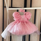 Puff Sleeve Mesh Baby 1st Birthday Party Evening Dress | KLFFIGID
