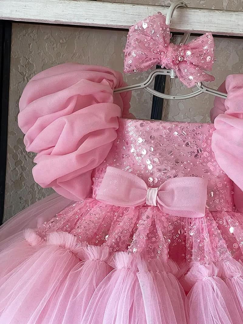 Puff Sleeve Mesh Baby 1st Birthday Party Evening Dress | KLFFIGID