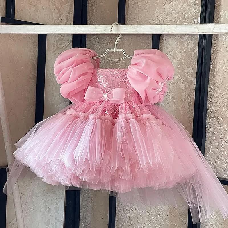 Puff Sleeve Mesh Baby 1st Birthday Party Evening Dress | KLFFIGID