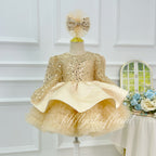 Champagne girls princess dress with sparkling sequin bodice and satin skirt detail front view