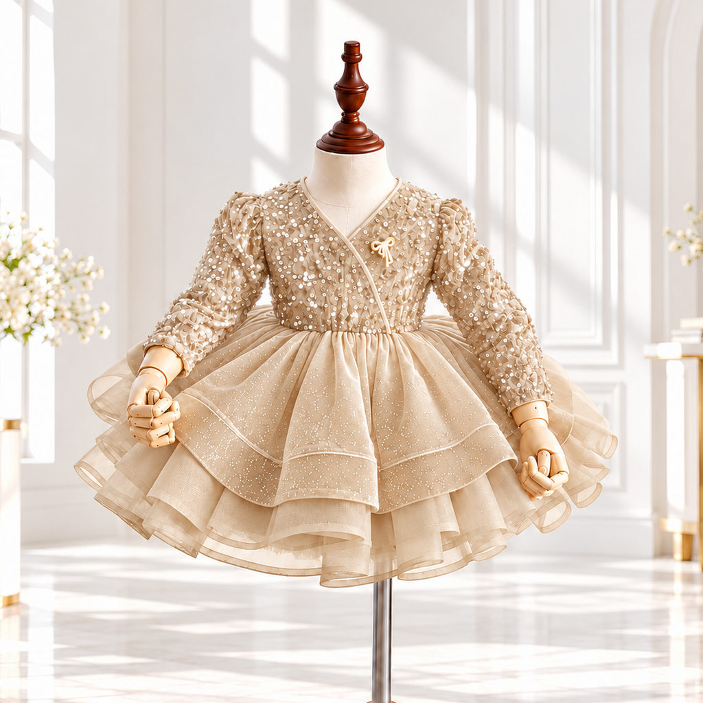 Champagne sequin princess dress for girls with long sleeves and layered tulle skirt front view