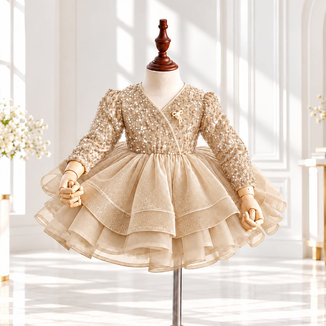 Champagne sequin princess dress for girls with long sleeves and layered tulle skirt front view