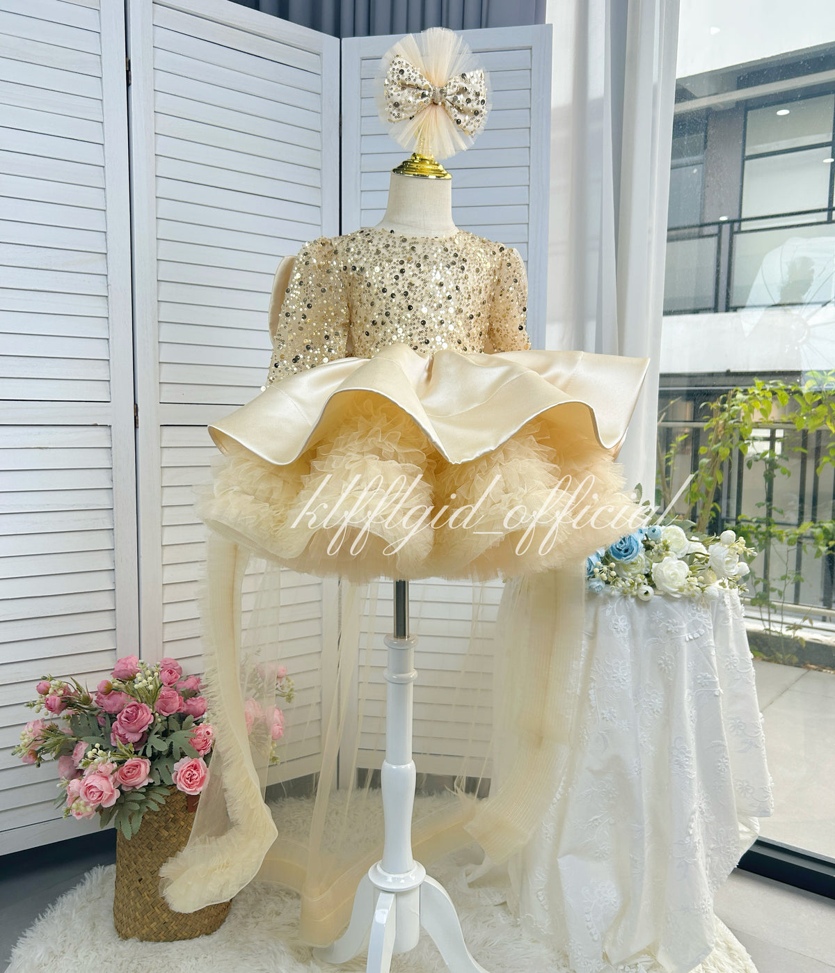 Champagne sparkly girls princess dress with full layered tulle skirt and long tulle panels