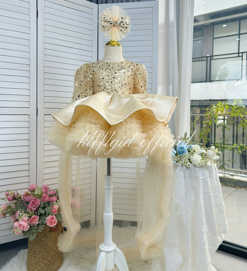 Champagne sparkly princess dress for girls with sequin bodice and layered tulle skirt front view