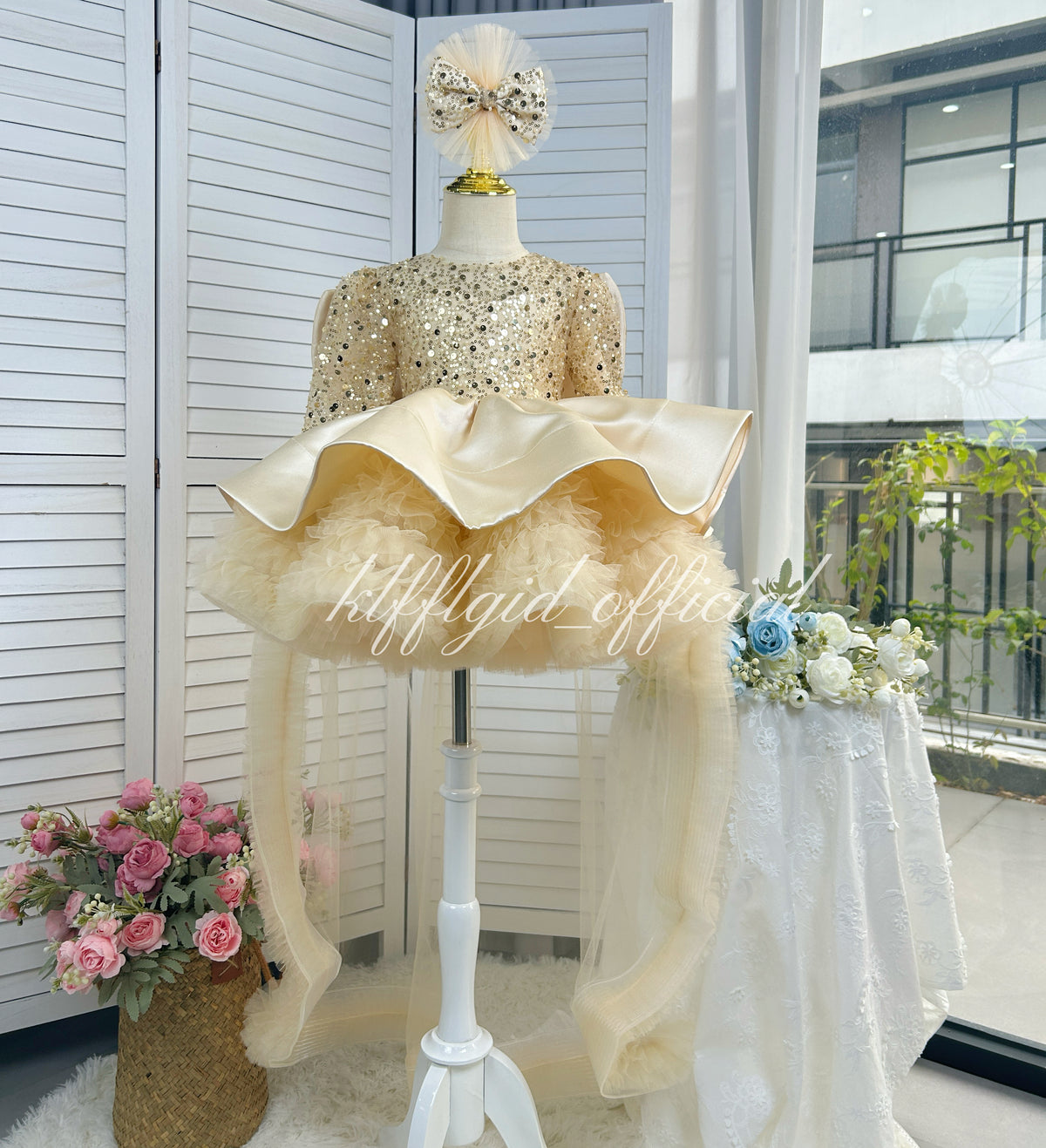Champagne sparkly princess dress for girls with sequin bodice and layered tulle skirt front view