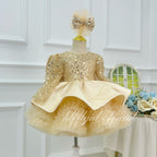 Champagne sparkly princess dress for girls with full tulle skirt and flowing sheer panels side angle