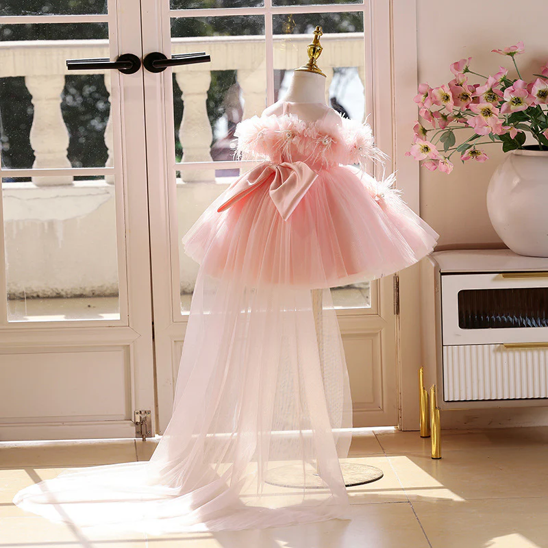 KLFFLGID Romantic Off-Shoulder Train Dress Ivory | Wedding Ceremony (0-12Y)