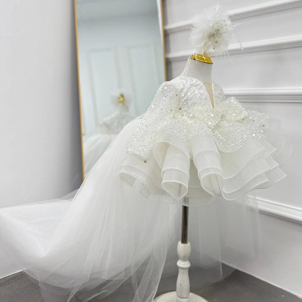 KLFFLGID Long slveeve Sequin train birthday party Princess dress, customizable color and size