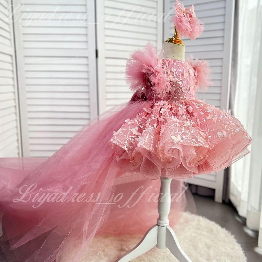 Girls Sleeveless Feather Butterfly Tail Birthday Evening Dress | KLFFIGID