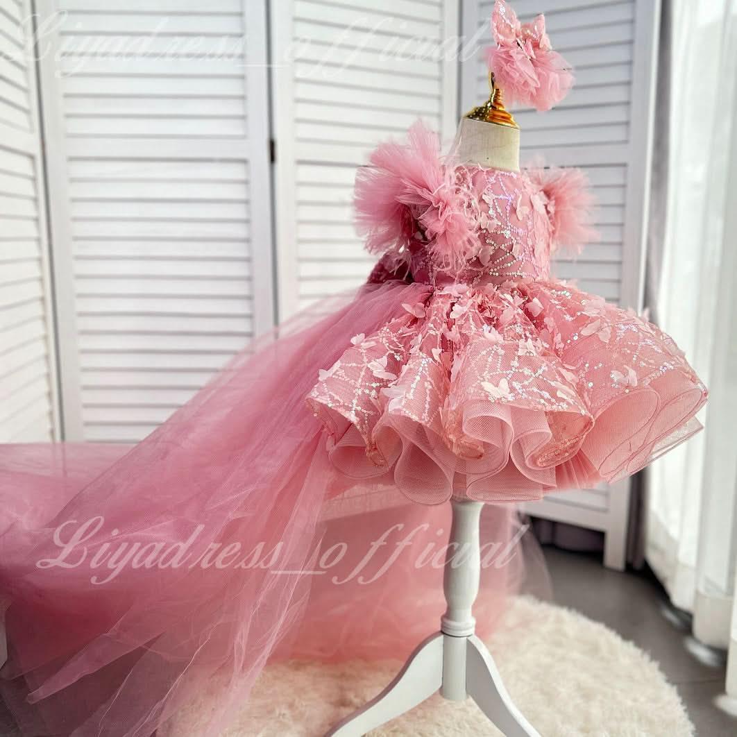 Girls Sleeveless Feather Butterfly Tail Birthday Evening Dress | KLFFIGID