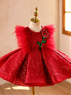 Girls Red Birthday Party Dress with 3D Rose Skirt｜KLFFLGID