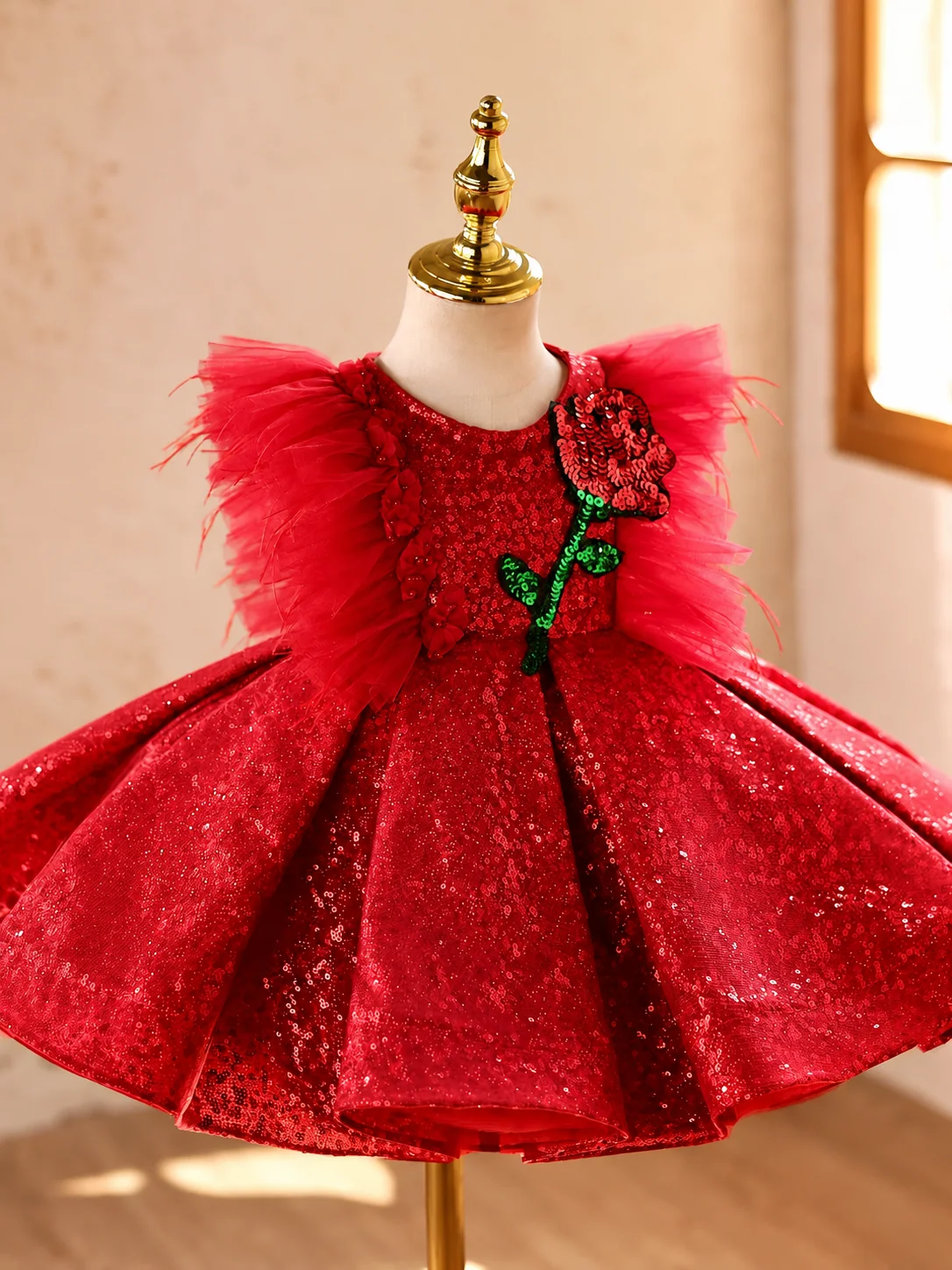 Girls Red Birthday Party Dress with 3D Rose Skirt｜KLFFLGID