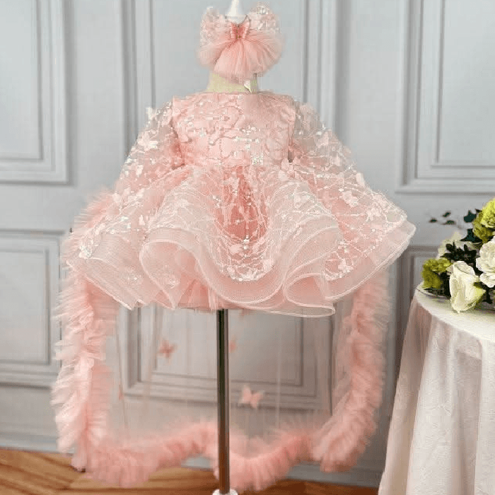 New Bow Long Sleeve Mesh Birthday Party Princess Dress | KLFFIGID