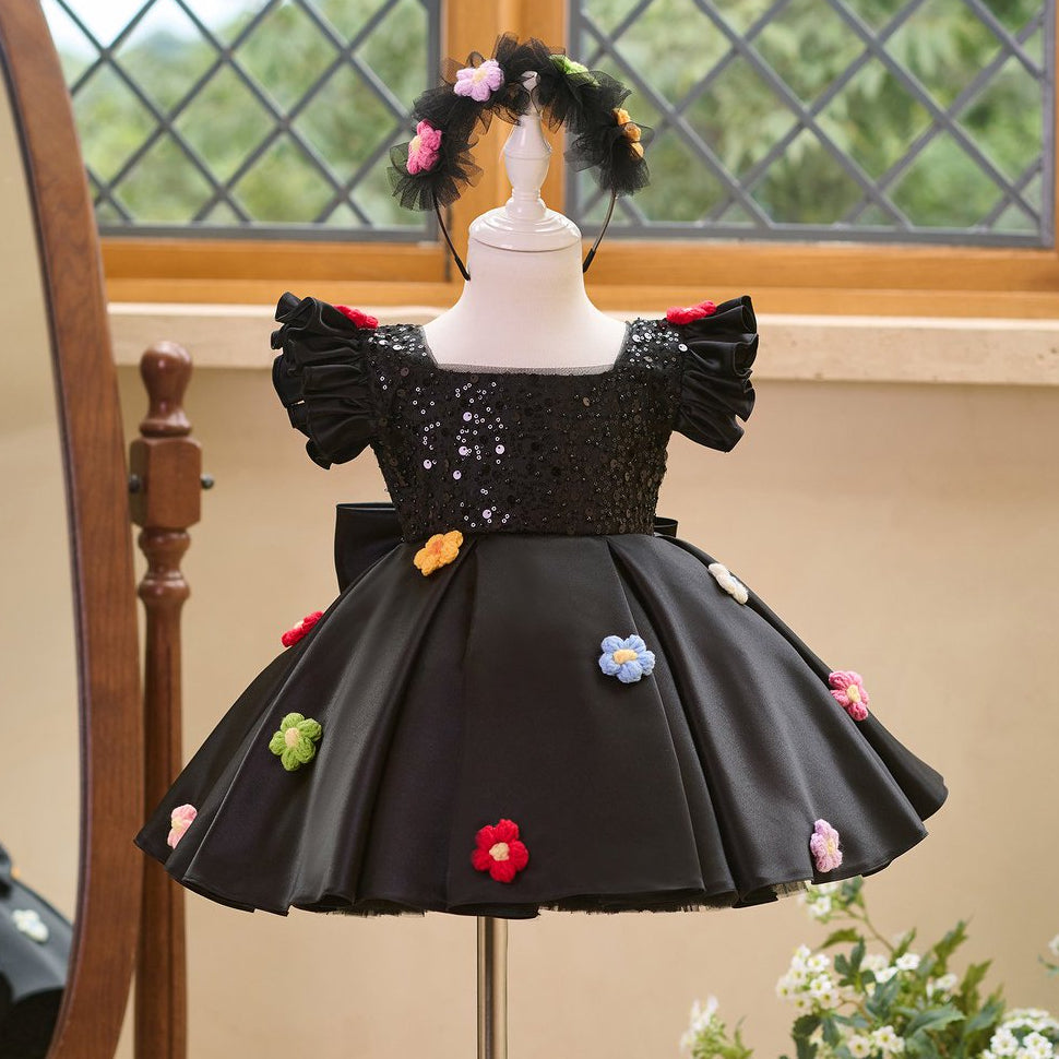 Black girls princess dress with sequin bodice, ruffle sleeves and colorful floral appliques