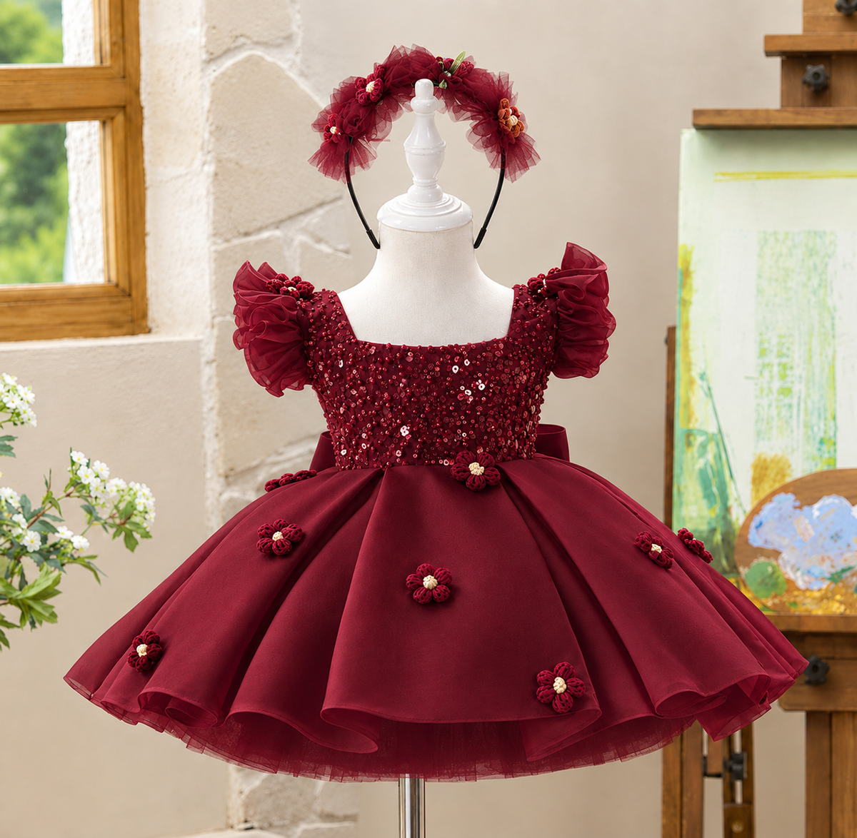 Burgundy girls princess dress with sequin bodice, ruffle sleeves and floral appliques