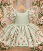 Back detail view of green girls princess dress showing floral embroidery and skirt design