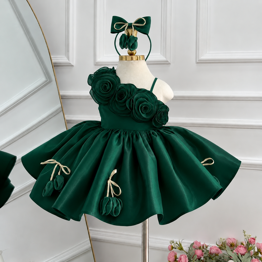 Green rose princess dress for girls with one-shoulder floral bodice and full satin skirt front view