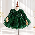 Green sequin princess dress for girls with long sleeves and layered tulle skirt front view
